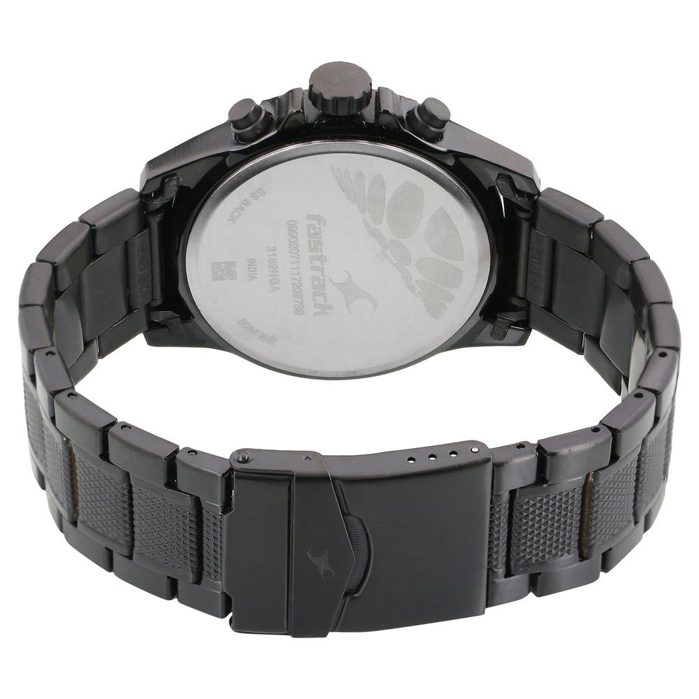 Fastrack Loopholes Quartz Multifunction Black Dial Stainless Steel Strap Watch for Guys NR3169NM01