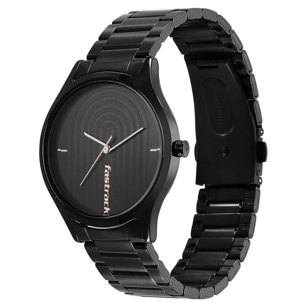 Fastrack Style Up Quartz Analog Black Dial Stainless Steel Strap Watch for Guys NS3184NM02