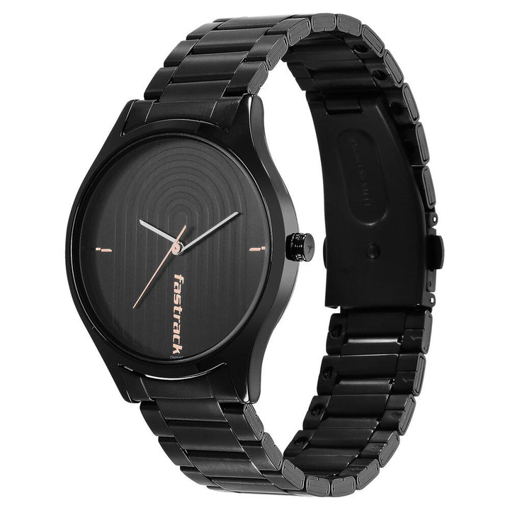 Fastrack Style Up Quartz Analog Black Dial Stainless Steel Strap Watch for Guys NS3184NM02