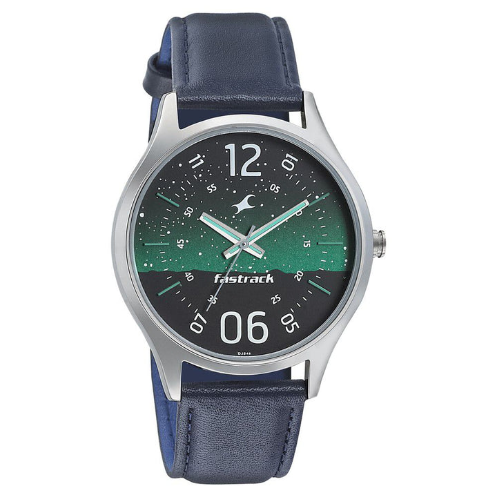 Fastrack Space Rover Quartz Analog Green Dial Leather Strap Watch for Guys NP3184SL04