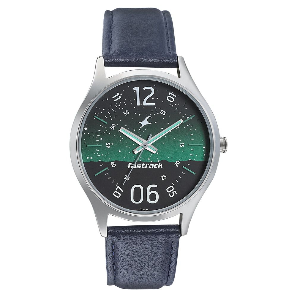 Fastrack Space Rover Quartz Analog Green Dial Leather Strap Watch for Guys NP3184SL04