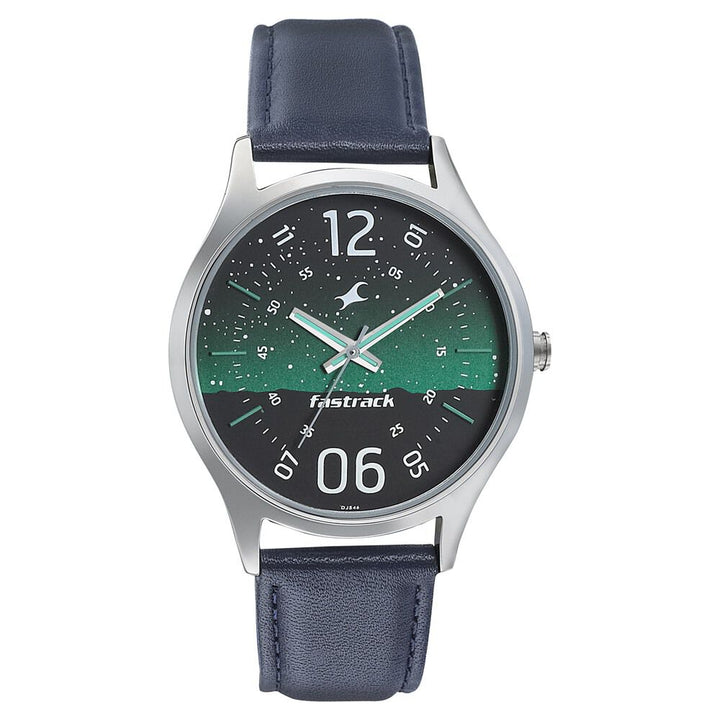 Fastrack Space Rover Quartz Analog Green Dial Leather Strap Watch for Guys NP3184SL04