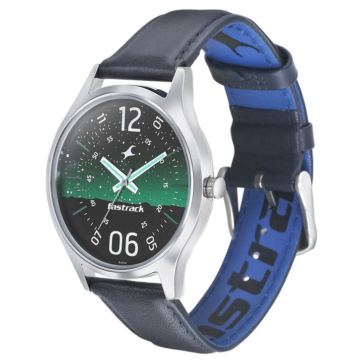 Fastrack Space Rover Quartz Analog Green Dial Leather Strap Watch for Guys NP3184SL04