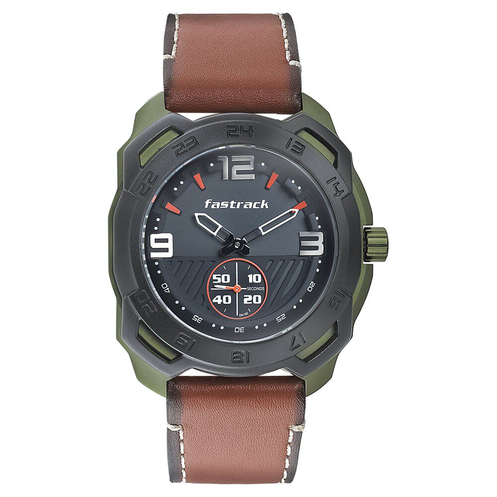 Fastrack All Nighters Quartz Analog Grey Dial Leather Strap Watch for Guys NR3192AL01