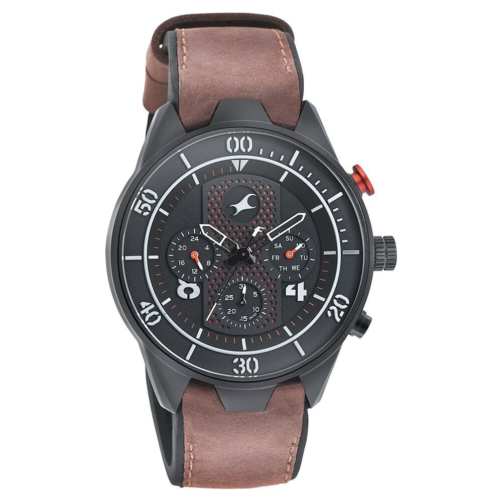 Fastrack All Nighters Quartz Multifunction Black Dial Leather Strap Watch for Guys NS3195AP01