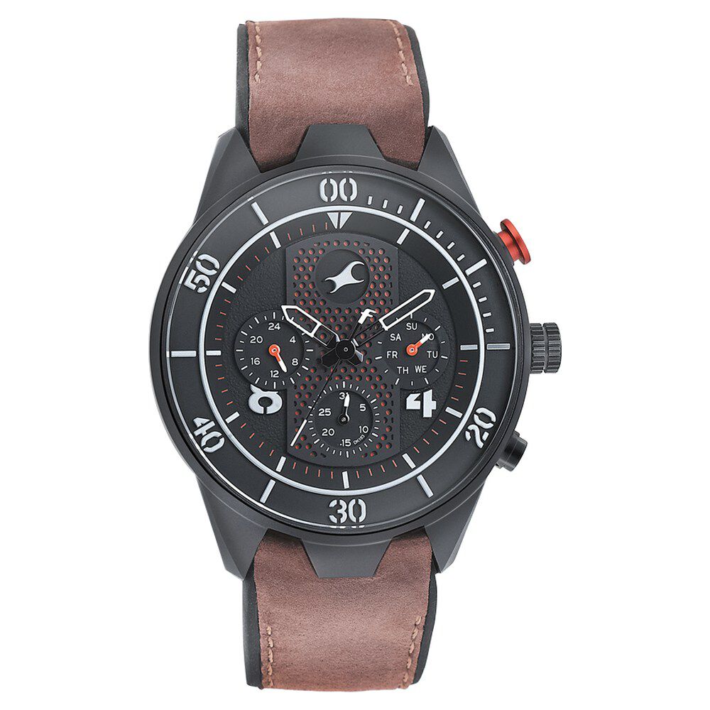 Fastrack All Nighters Quartz Multifunction Black Dial Leather Strap Watch for Guys NS3195AP01