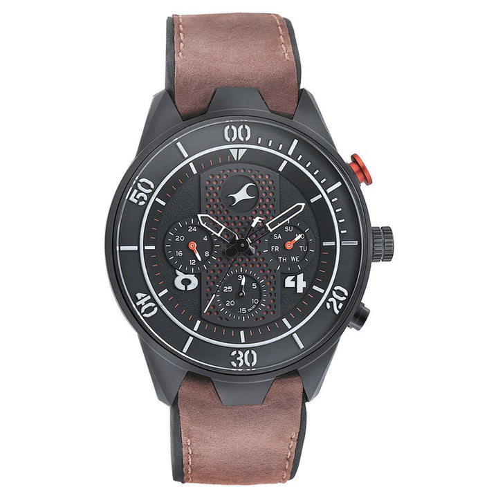 Fastrack All Nighters Quartz Multifunction Black Dial Leather Strap Watch for Guys NS3195AP01