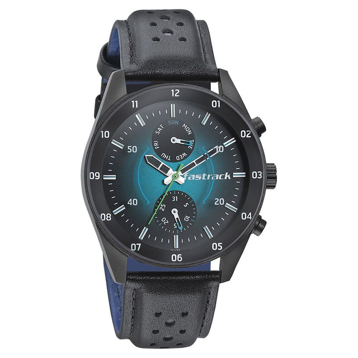 Fastrack Space Rover Quartz Multifunction Blue Dial Leather Strap Watch for Guys NP3201NL01