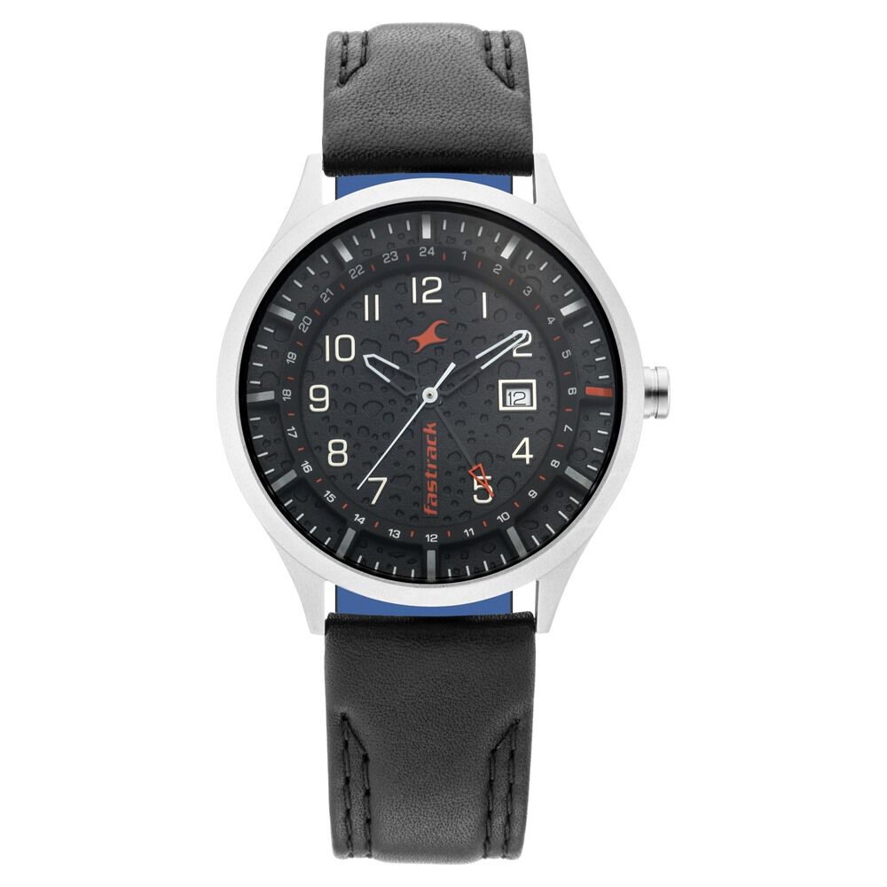 Fastrack Titanium Quartz Analog with Date Black Dial Leather Strap Watch for Guys NN3205TL02