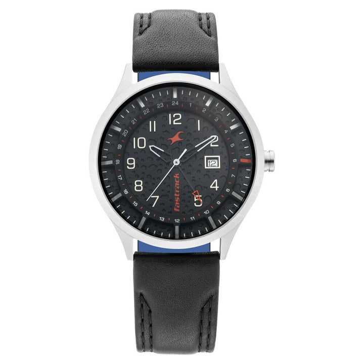 Fastrack Titanium Quartz Analog with Date Black Dial Leather Strap Watch for Guys NN3205TL02