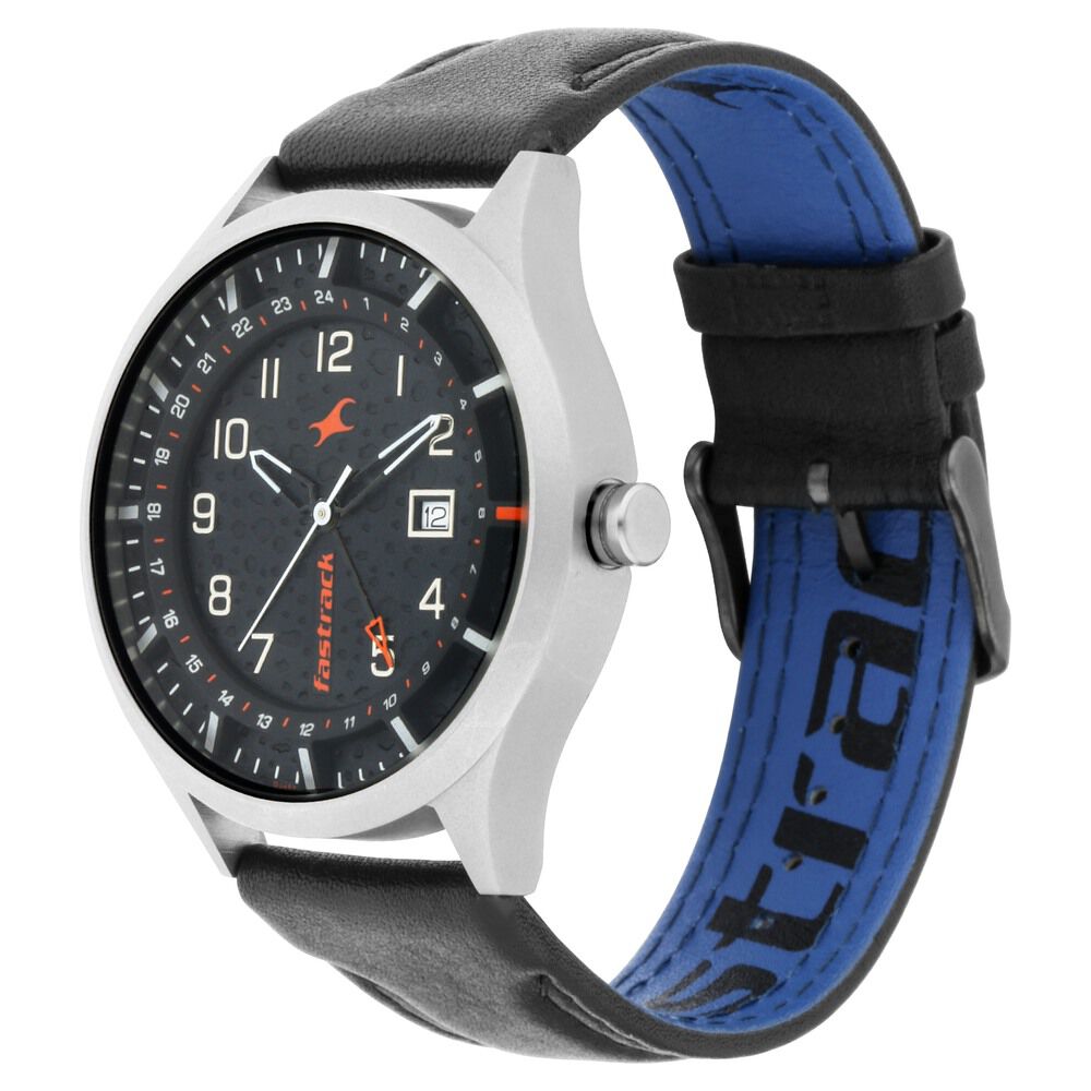 Fastrack Titanium Quartz Analog with Date Black Dial Leather Strap Watch for Guys NN3205TL02