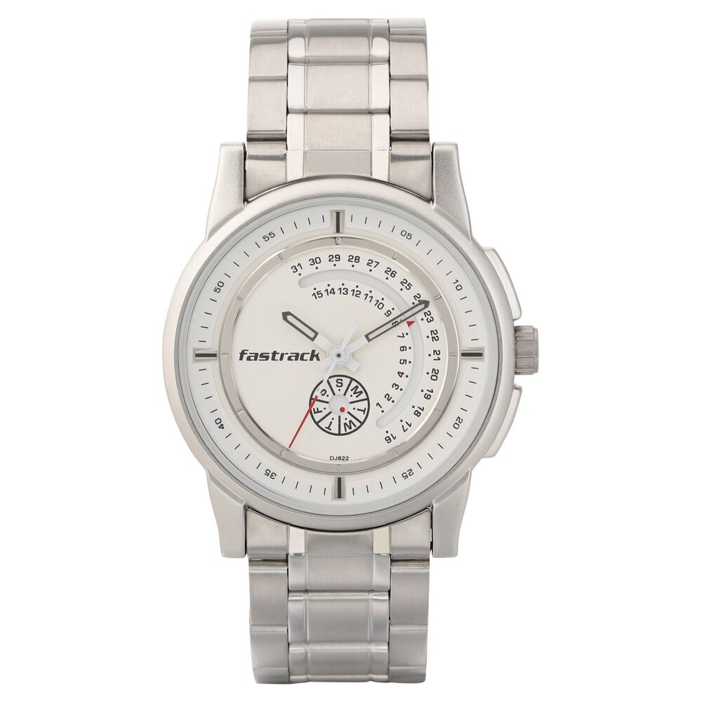 Fastrack Go Skate Quartz Analog with Day and Date White Dial Stainless Steel Strap Watch for Guys NS3215SM01