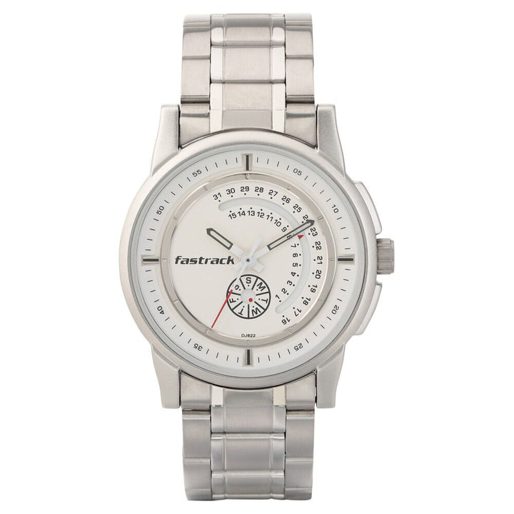 Fastrack Go Skate Quartz Analog with Day and Date White Dial Stainless Steel Strap Watch for Guys NS3215SM01