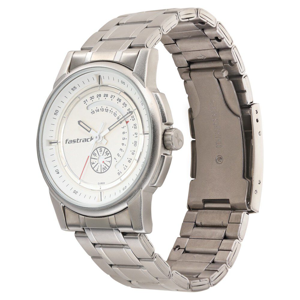 Fastrack Go Skate Quartz Analog with Day and Date White Dial Stainless Steel Strap Watch for Guys NS3215SM01