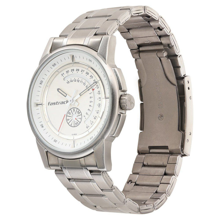 Fastrack Go Skate Quartz Analog with Day and Date White Dial Stainless Steel Strap Watch for Guys NS3215SM01