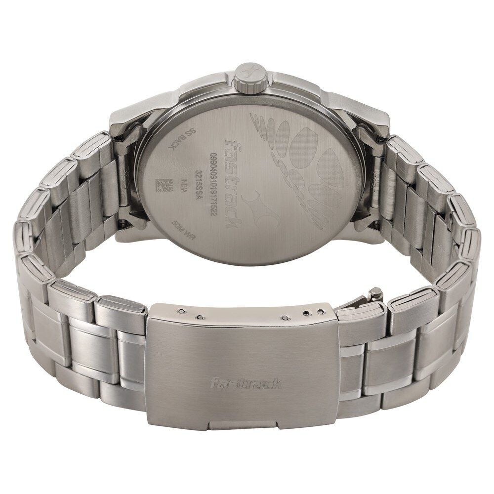 Fastrack Go Skate Quartz Analog with Day and Date White Dial Stainless Steel Strap Watch for Guys NS3215SM01