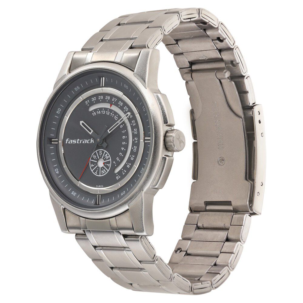 Fastrack Go Skate Quartz Analog with Day and Date Grey Dial Stainless Steel Strap Watch for Guys NS3215SM02