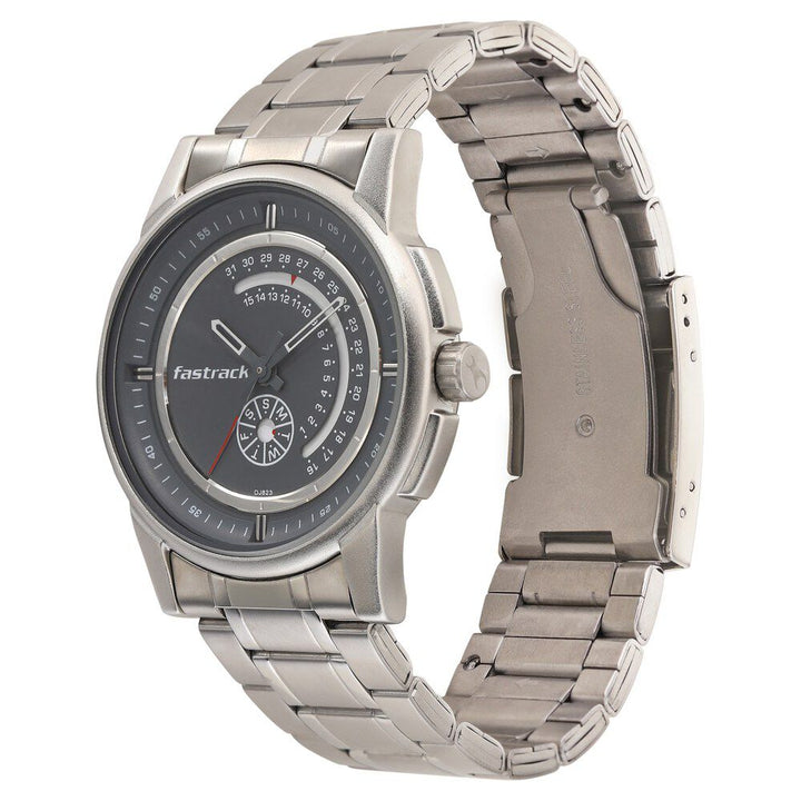 Fastrack Go Skate Quartz Analog with Day and Date Grey Dial Stainless Steel Strap Watch for Guys NS3215SM02