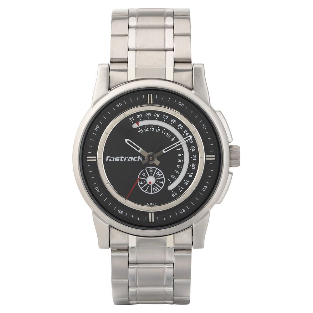 Fastrack Go Skate Quartz Analog with Day and Date Black Dial Stainless Steel Strap Watch for Guys NS3215SM03