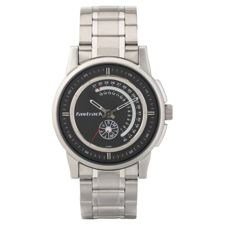 Fastrack Go Skate Quartz Analog with Day and Date Black Dial Stainless Steel Strap Watch for Guys NS3215SM03