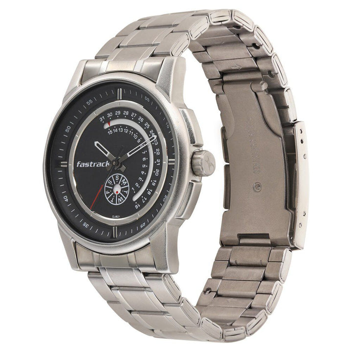 Fastrack Go Skate Quartz Analog with Day and Date Black Dial Stainless Steel Strap Watch for Guys NS3215SM03