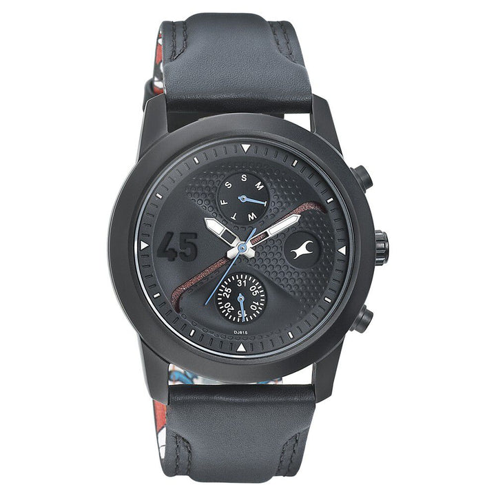Fastrack Go Skate Quartz Multifunction Black Dial Leather Strap Watch for Guys NS3216NL01