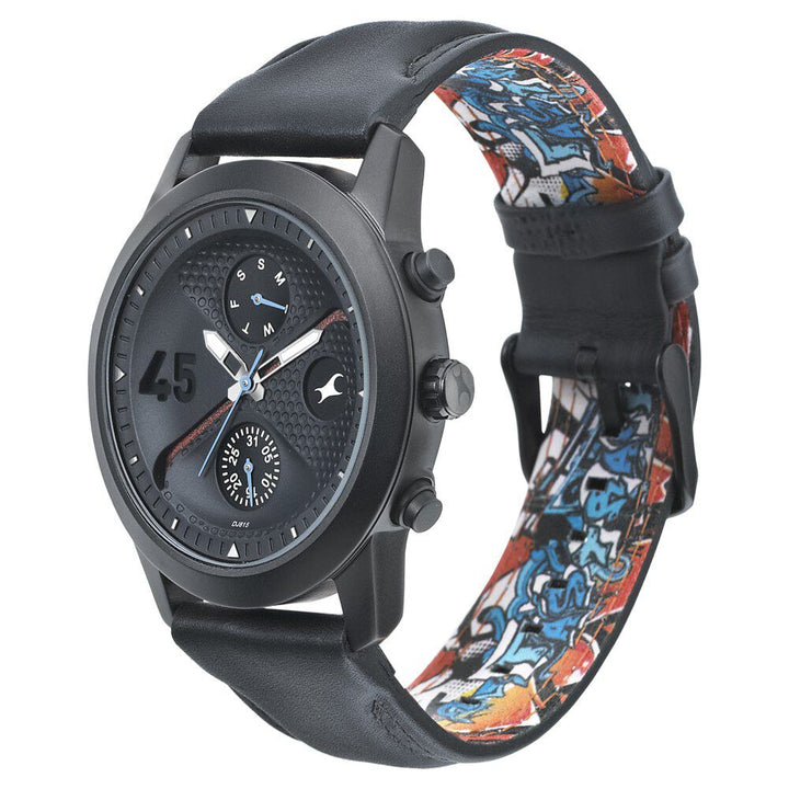 Fastrack Go Skate Quartz Multifunction Black Dial Leather Strap Watch for Guys NS3216NL01