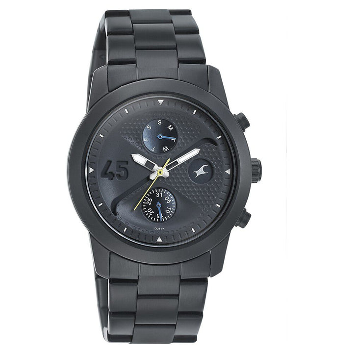 Fastrack Go Skate Quartz Multifunction Black Dial Stainless Steel Strap Watch for Guys NS3216NM01