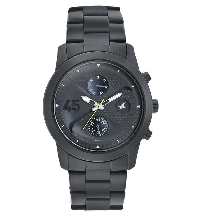 Fastrack Go Skate Quartz Multifunction Black Dial Stainless Steel Strap Watch for Guys NS3216NM01