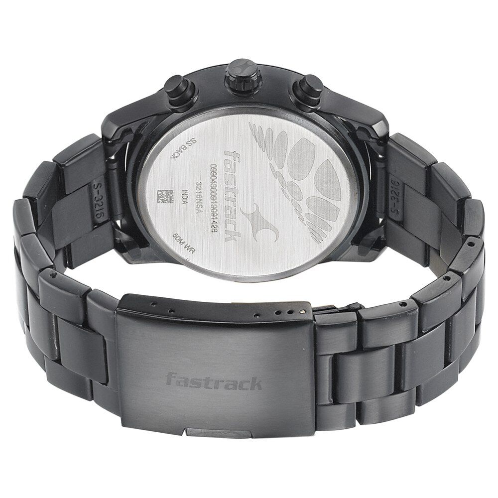 Fastrack Go Skate Quartz Multifunction Black Dial Stainless Steel Strap Watch for Guys NS3216NM01