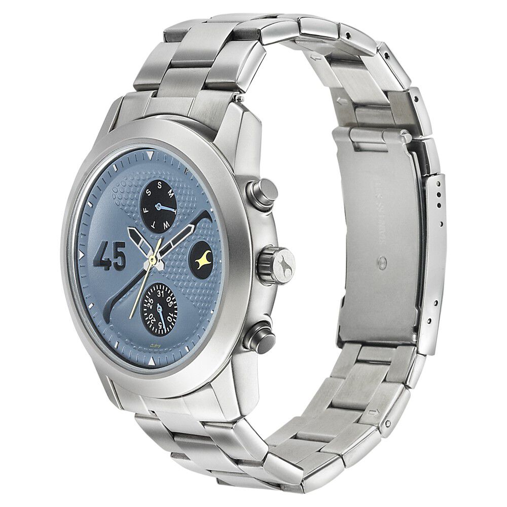 Fastrack Go Skate Quartz Multifunction Blue Dial Stainless Steel Strap Watch for Guys NP3216SM01