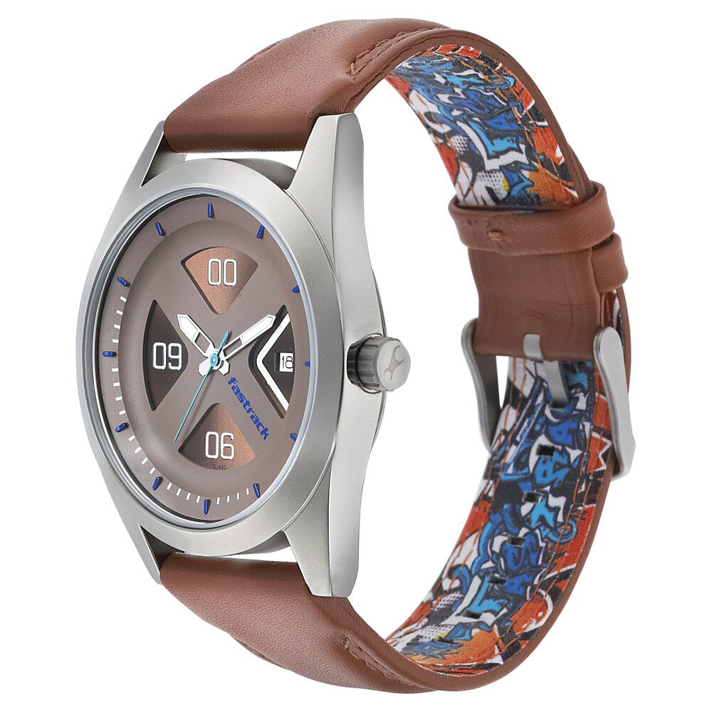 Fastrack Go Skate Quartz Analog with Date Brown Dial Leather Strap Watch for Guys NS3218SL01