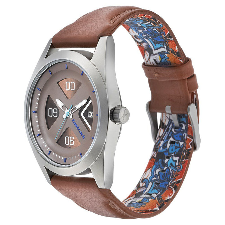 Fastrack Go Skate Quartz Analog with Date Brown Dial Leather Strap Watch for Guys NS3218SL01