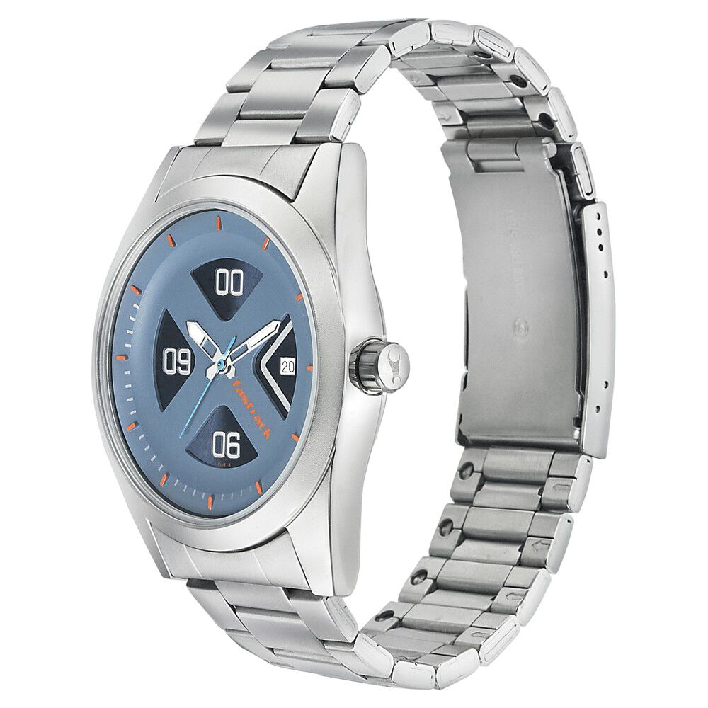 Fastrack Go Skate Quartz Analog with Date Blue Dial Stainless Steel Strap Watch for Guys NS3218SM01