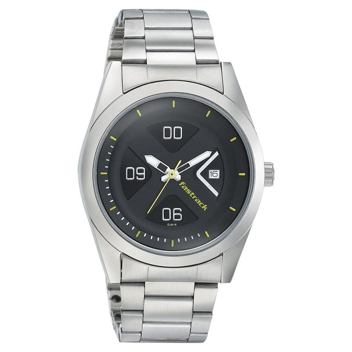 Fastrack Go Skate Quartz Analog with Date Black Dial Stainless Steel Strap Watch for Guys NS3218SM02