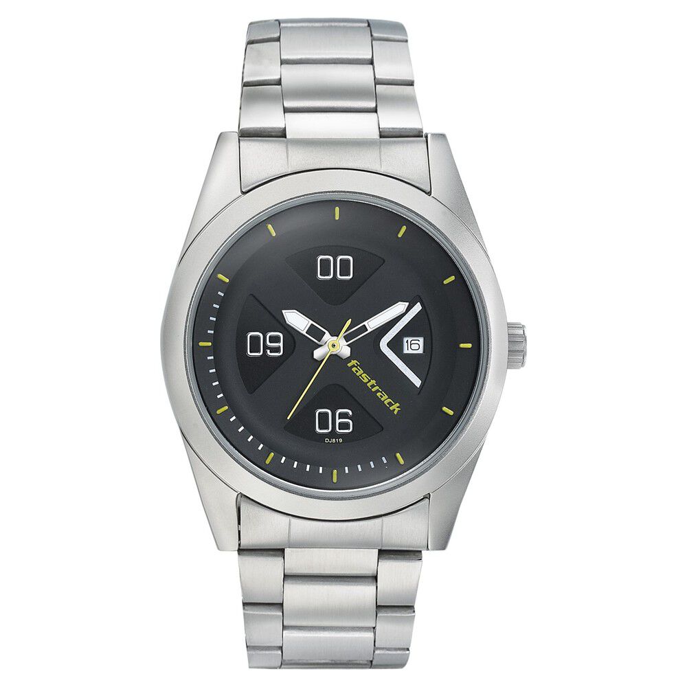 Fastrack Go Skate Quartz Analog with Date Black Dial Stainless Steel Strap Watch for Guys NS3218SM02
