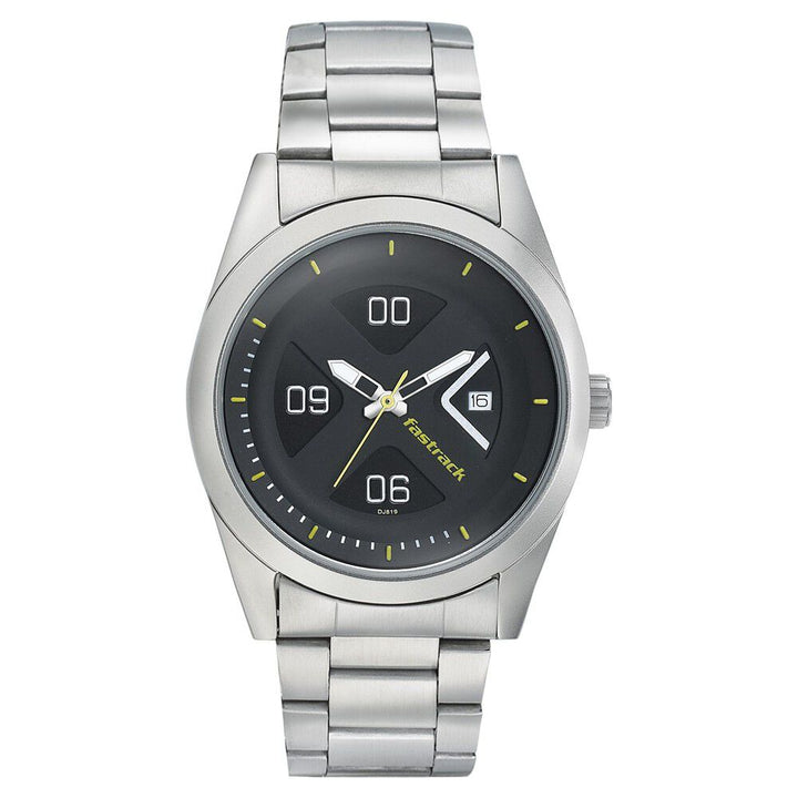 Fastrack Go Skate Quartz Analog with Date Black Dial Stainless Steel Strap Watch for Guys NS3218SM02