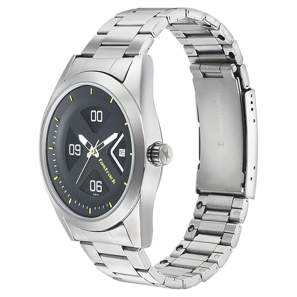 Fastrack Go Skate Quartz Analog with Date Black Dial Stainless Steel Strap Watch for Guys NS3218SM02