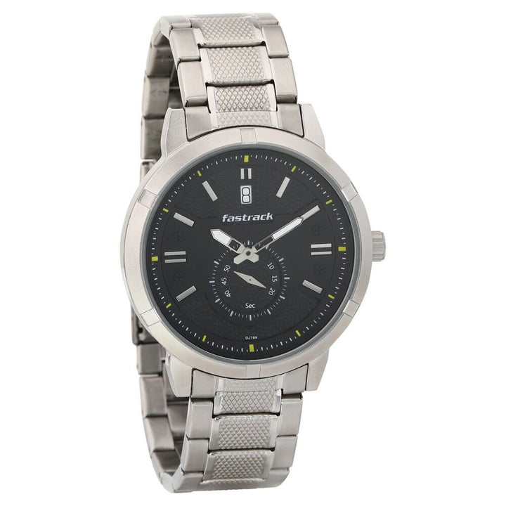 Fastrack Go Skate Quartz Analog with Day and Date Black Dial Stainless Steel Strap Watch for Guys NR3219SM01