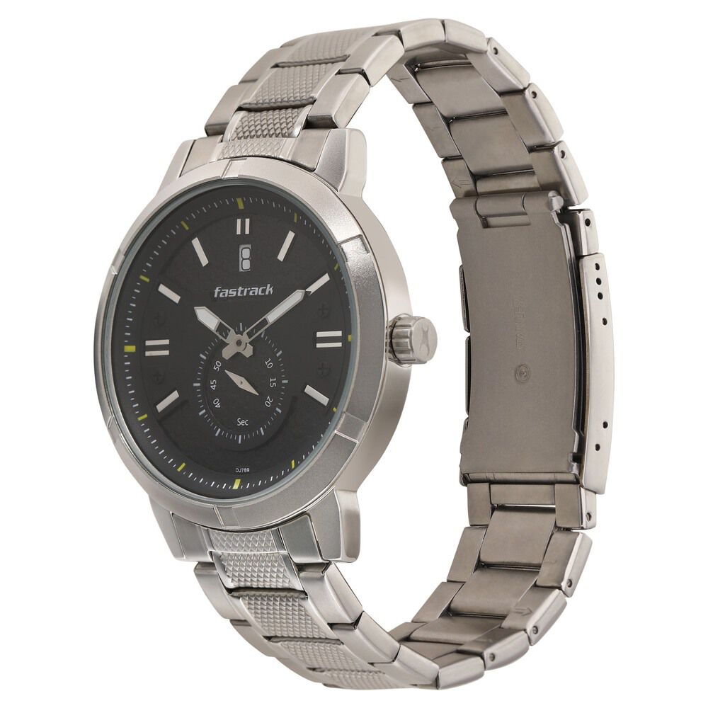 Fastrack Go Skate Quartz Analog with Day and Date Black Dial Stainless Steel Strap Watch for Guys NR3219SM01