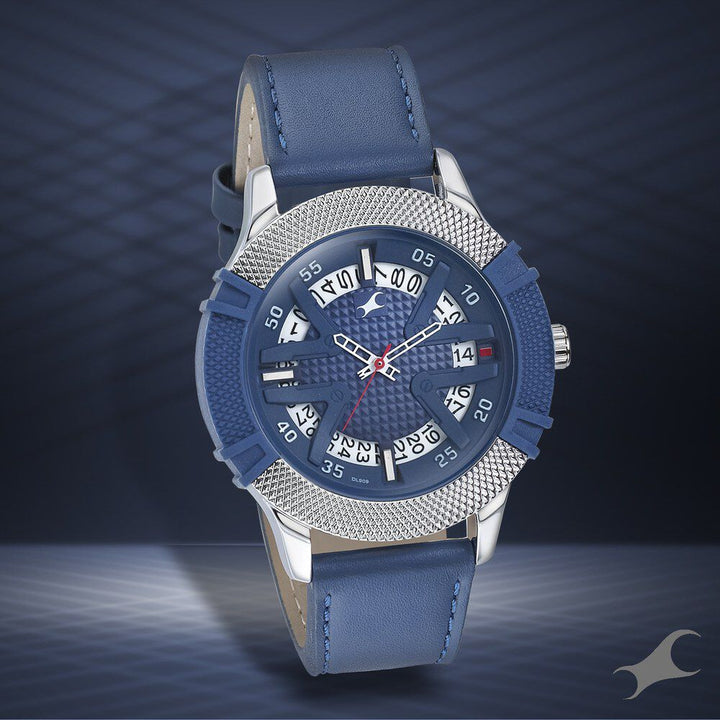 Fastrack Dial It Up Quartz Analog with Date Blue Dial Leather Strap Watch for Guys 3223KL01