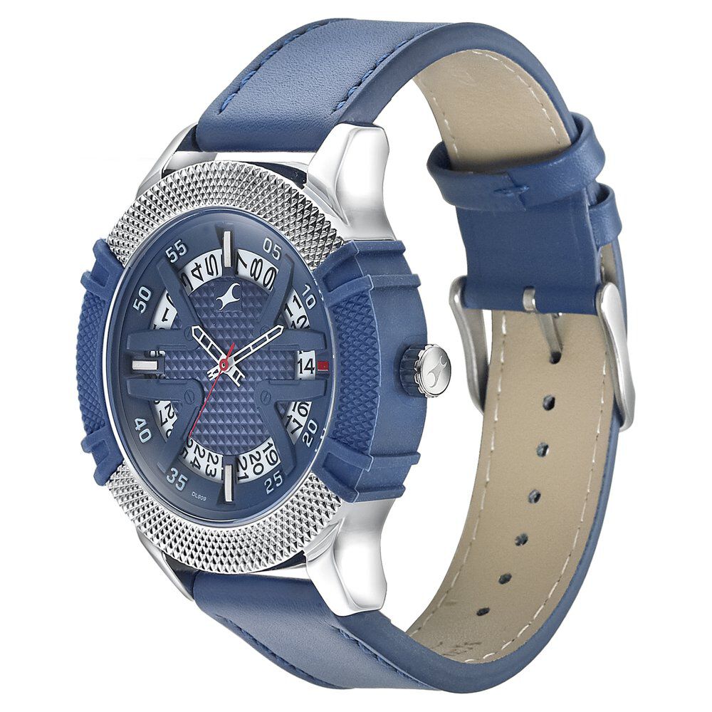 Fastrack Dial It Up Quartz Analog with Date Blue Dial Leather Strap Watch for Guys 3223KL01