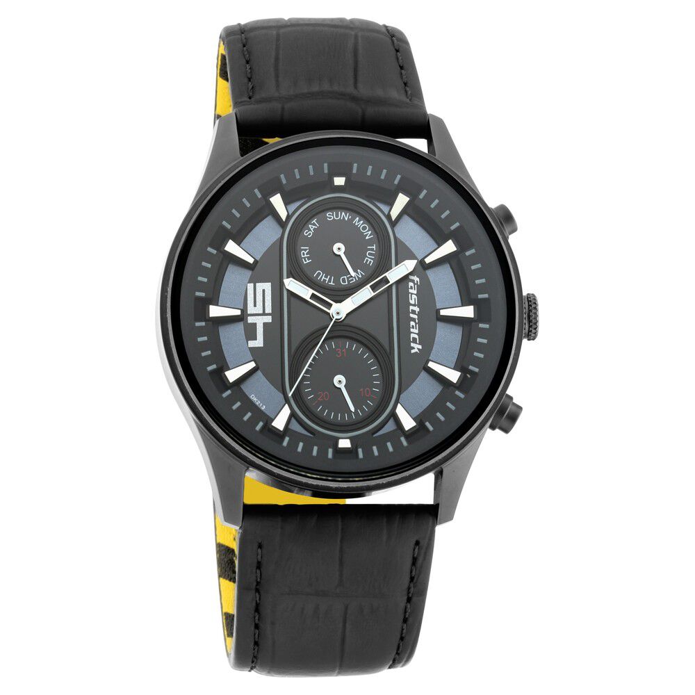 Fastrack Fastfit Quartz Analog with Day and Date Black Dial Leather Strap Watch for Guys NS3224NL01