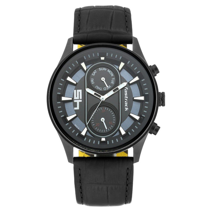 Fastrack Fastfit Quartz Analog with Day and Date Black Dial Leather Strap Watch for Guys NS3224NL01