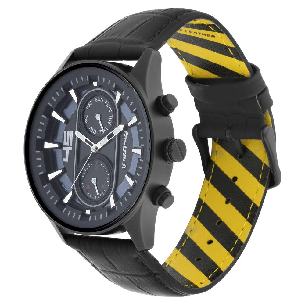 Fastrack Fastfit Quartz Analog with Day and Date Black Dial Leather Strap Watch for Guys NS3224NL01