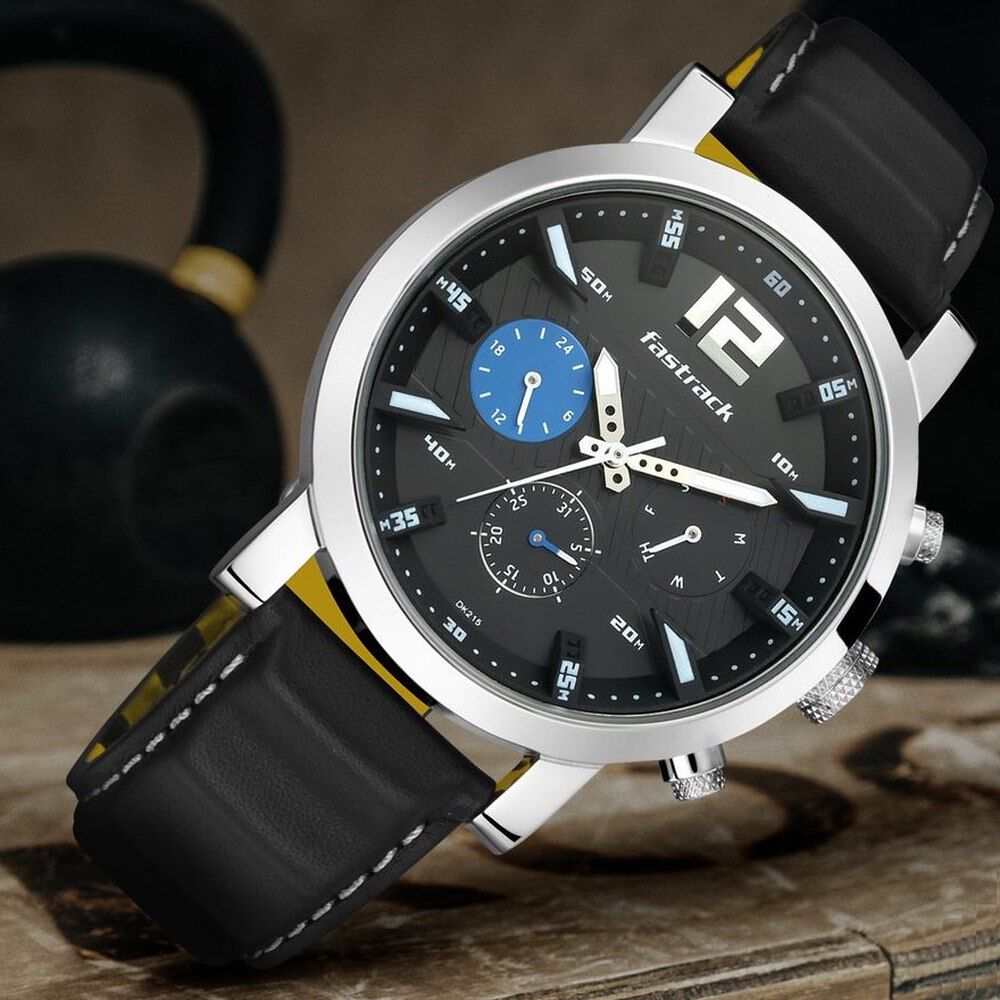 Fastrack Fastfit Quartz Multifunction Black Dial Leather Strap Watch for Guys NS3227SL01