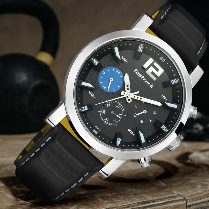 Fastrack Fastfit Quartz Multifunction Black Dial Leather Strap Watch for Guys NS3227SL01