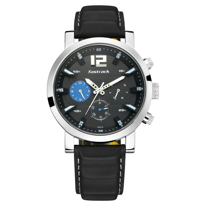 Fastrack Fastfit Quartz Multifunction Black Dial Leather Strap Watch for Guys NS3227SL01
