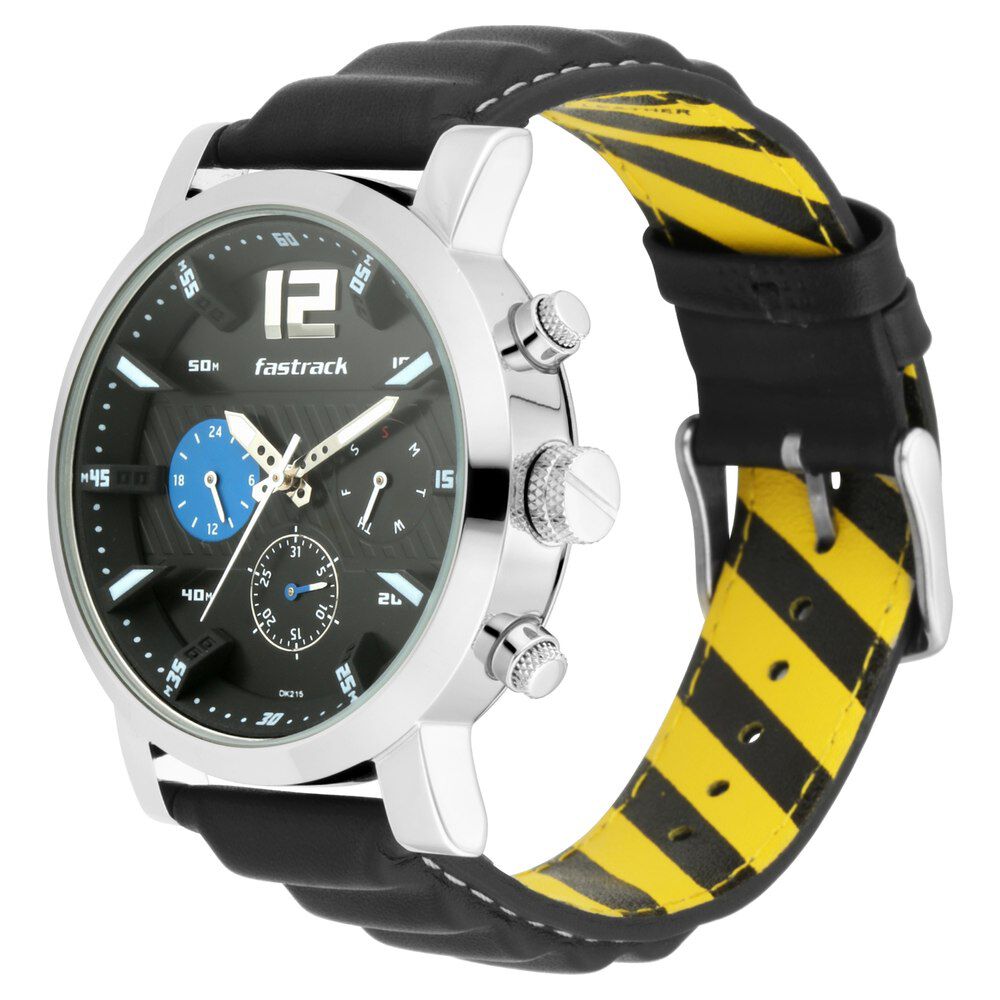 Fastrack Fastfit Quartz Multifunction Black Dial Leather Strap Watch for Guys NS3227SL01