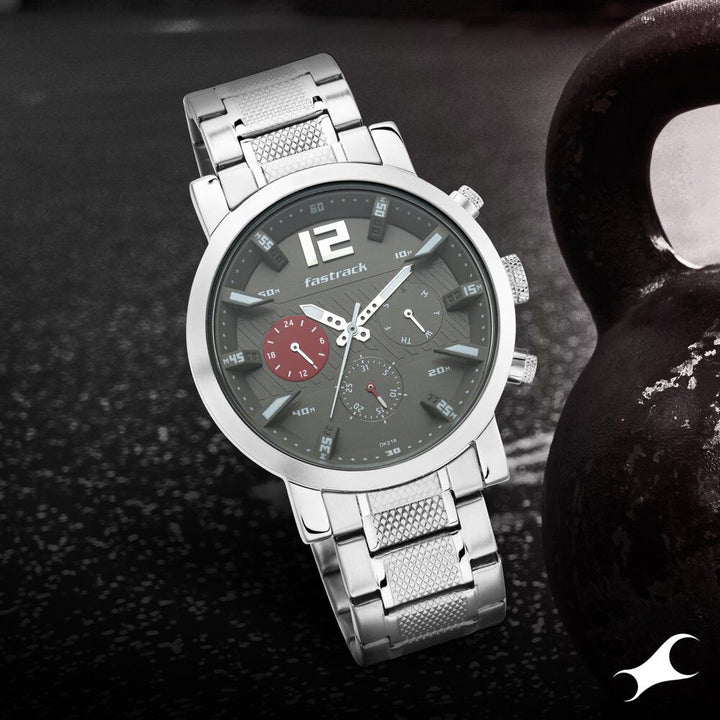 Fastrack Fastfit Quartz Multifunction Grey Dial Stainless Steel Strap Watch for Guys NS3227SM01